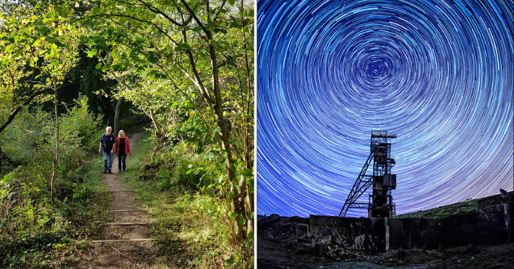 Couple walking through Castle Eden Dene and a startrail photo of Groverake Mine in the Durham Dales.